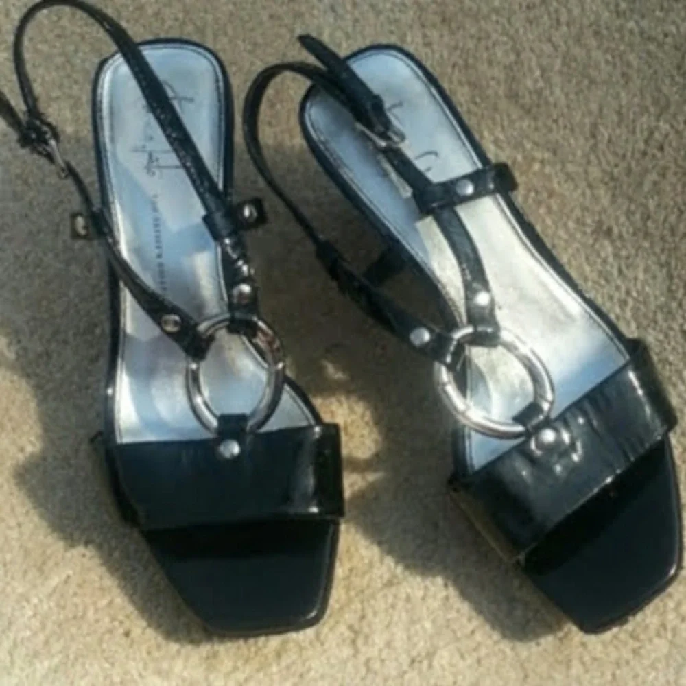 Franco Sarto black patent leather cork wedge shoes